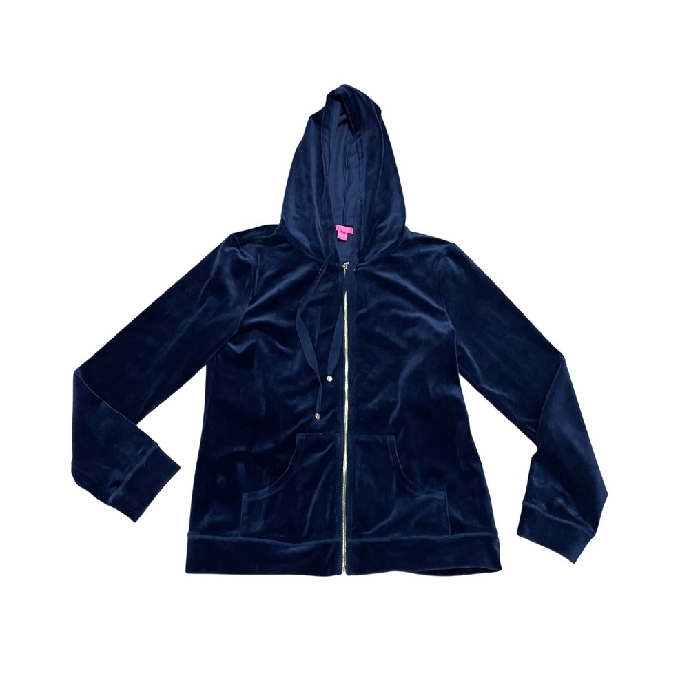 Lilly Pulitzer Women's Large Navy Blue Preppy Velour Full Zip Hoodie Sweatshirt